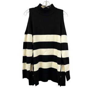 Chico’s Women’s Cold Shoulder Striped Sweater Black/Ivory Buttons Size Large